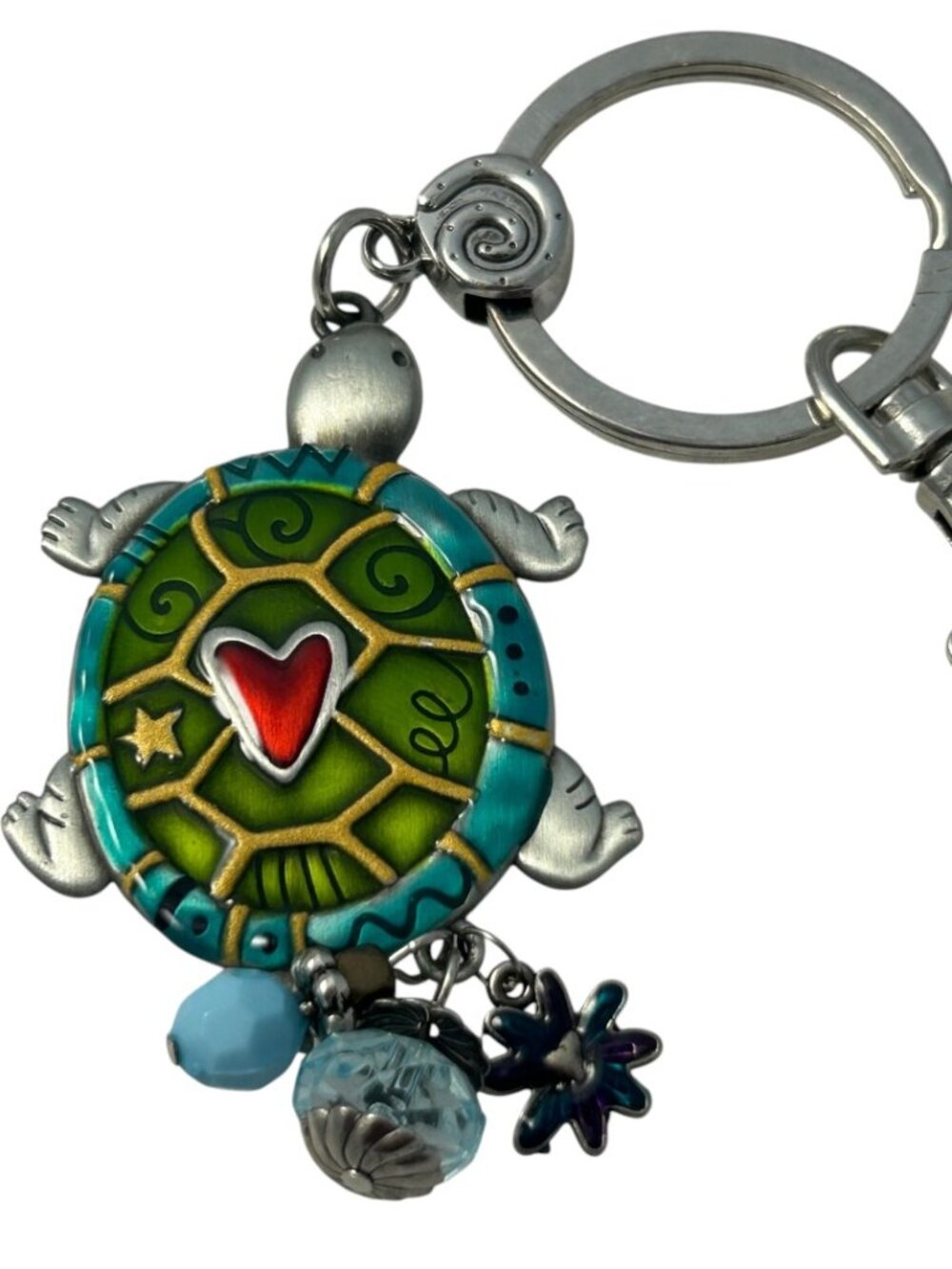 Enamel Turtle Heart Key Chain Dangle Purse Charm Silver Tone Colorful Whimsical